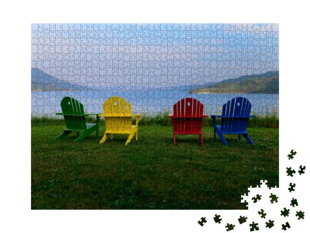 A Green, Yellow, Red & Blue Empty Adirondack Chairs At th... Jigsaw Puzzle with 1000 pieces