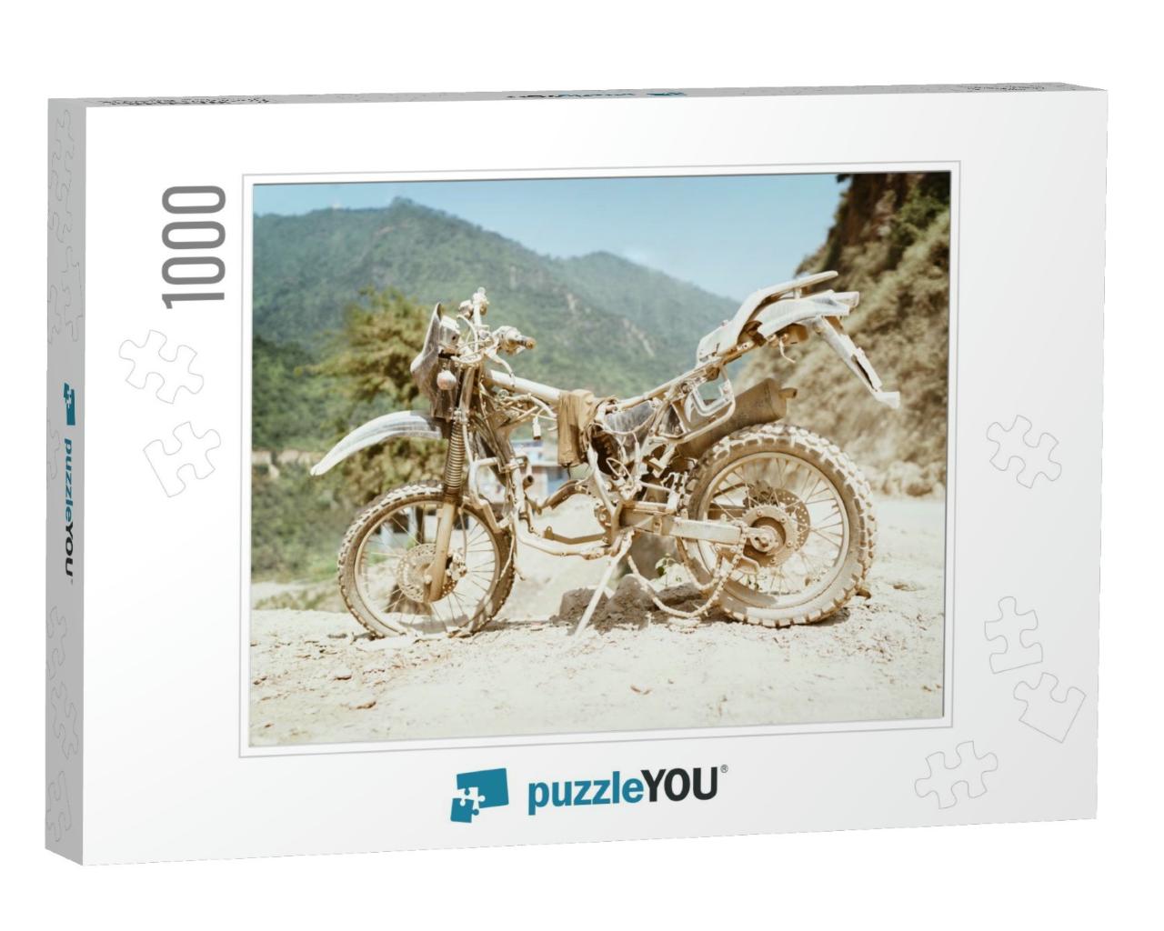 Abandoned Old Motocross Motorcycle be Drowned in Deep Roa... Jigsaw Puzzle with 1000 pieces
