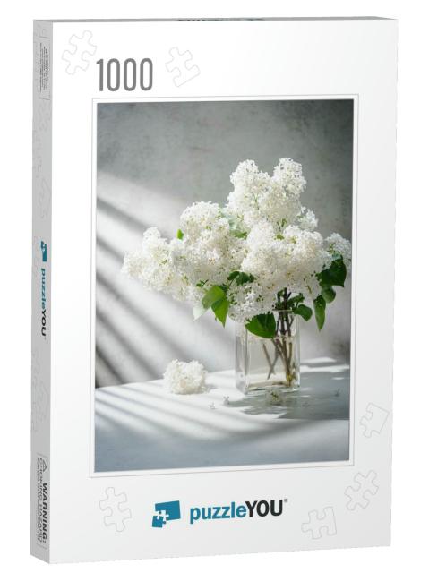 White Lilac Flowers Bouquet in a Jug Against a White Back... Jigsaw Puzzle with 1000 pieces