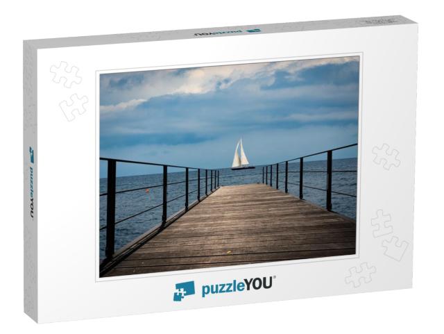 Small Empty Wooden Pier & a Sailing Boat in the Horizon o... Jigsaw Puzzle