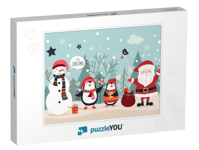 Christmas Card with Funny Characters on a Winter Backgrou... Jigsaw Puzzle