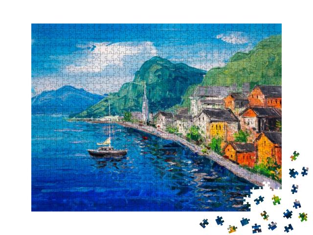 Oil Painting - Hallstatt, Austria... Jigsaw Puzzle with 1000 pieces