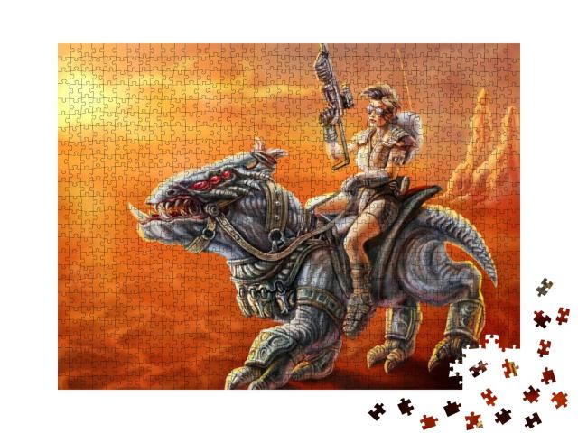 Fantastic Amazon Girl with Rifle Riding a Monster. Scienc... Jigsaw Puzzle with 1000 pieces