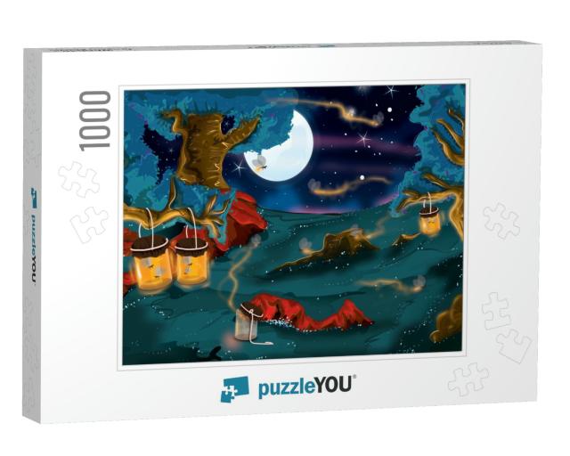 A Cartoon Landscape Containing Glass Jars Where Fi... Jigsaw Puzzle with 1000 pieces