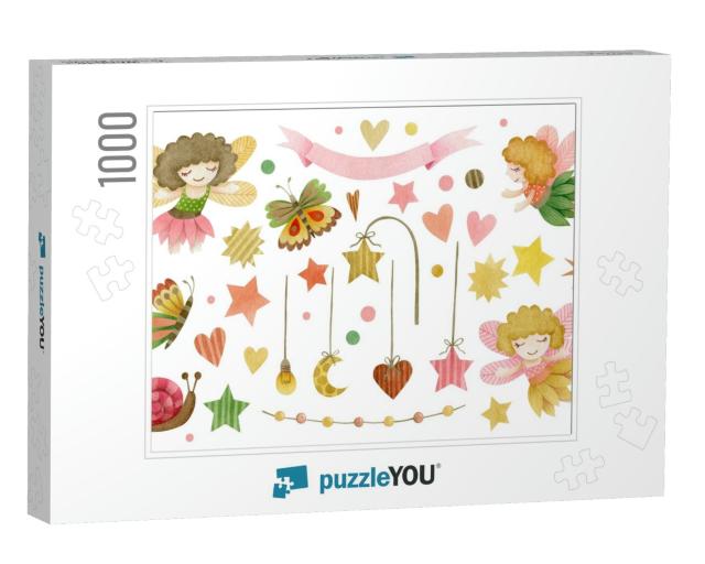 Watercolor Set of Elements of Fairies, Hearts... Jigsaw Puzzle with 1000 pieces