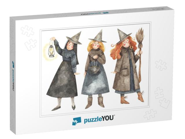 Three Witches with Kerosene Lamp, Broom & Pot. W... Jigsaw Puzzle