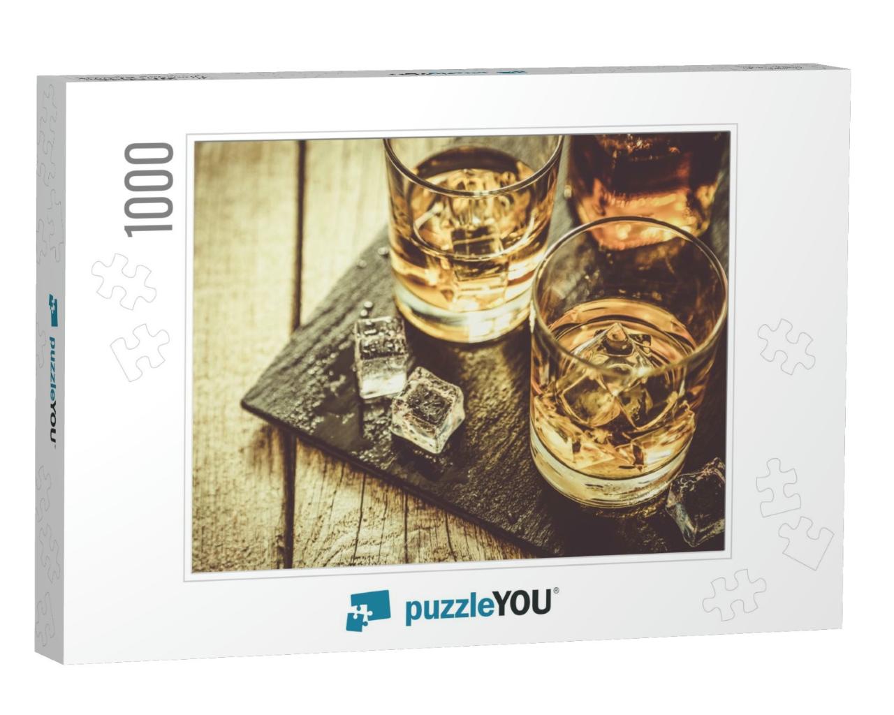 Whiskey with Ice in Glasses, Rustic Wood Background, Copy... Jigsaw Puzzle with 1000 pieces
