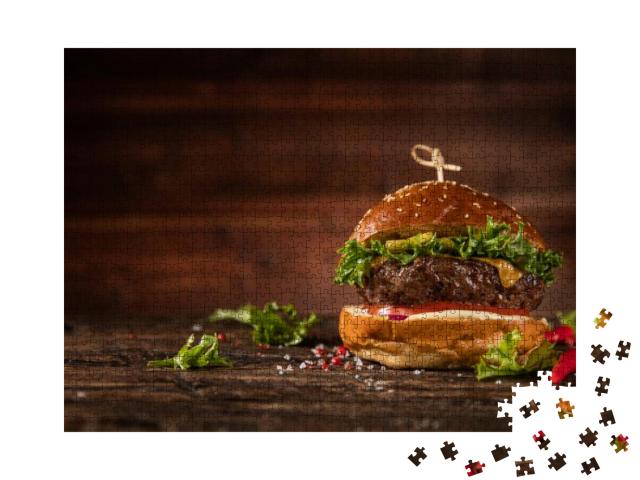 Delicious Hamburger, Served on Wood. Free Space for Text... Jigsaw Puzzle with 1000 pieces