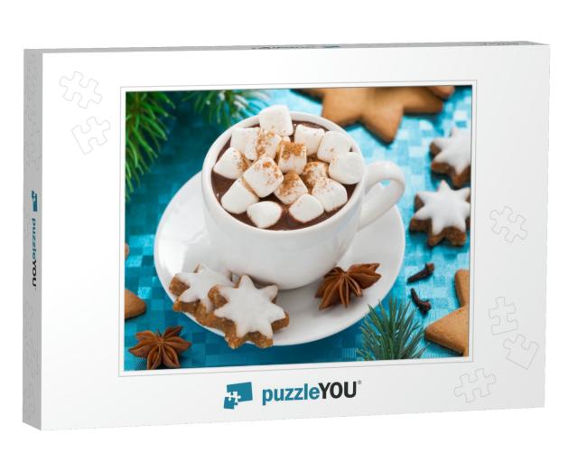 Hot Chocolate with Marshmallows on a Blue Background, Top... Jigsaw Puzzle