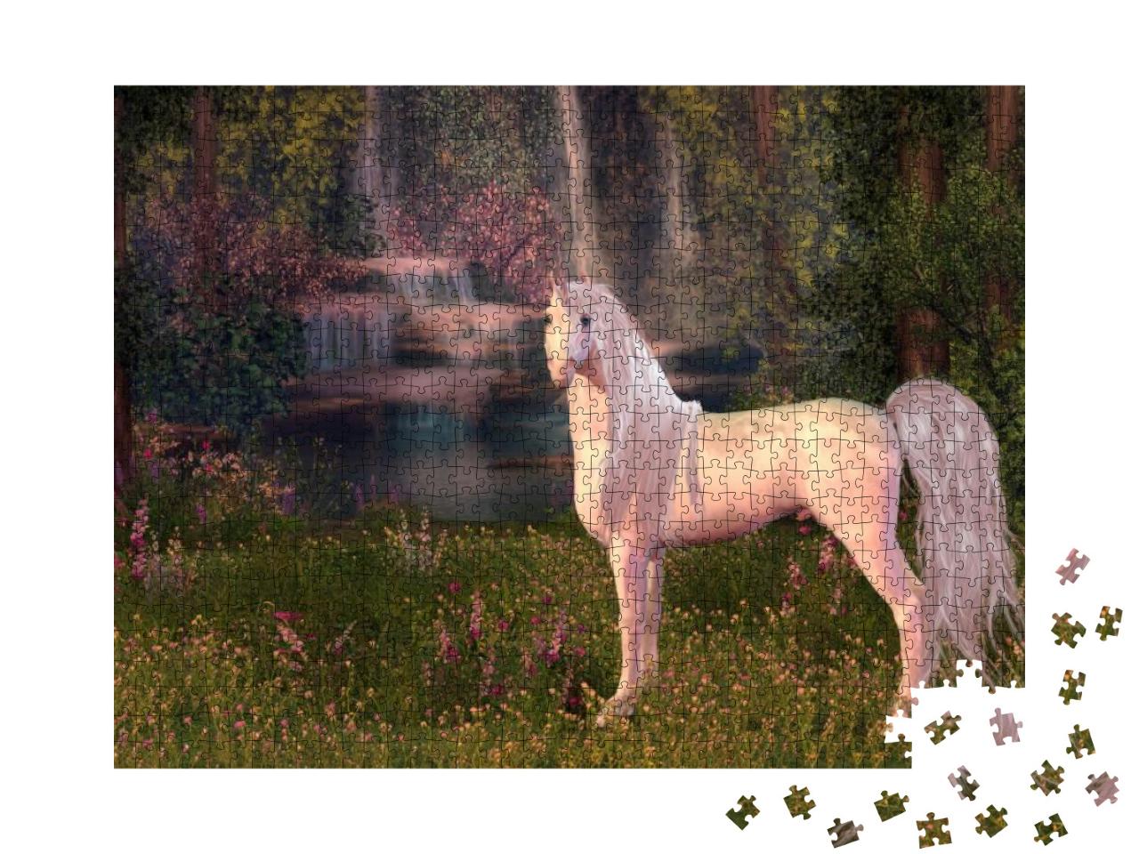 Unicorn & Waterfall 3D Illustration - a Magical White Uni... Jigsaw Puzzle with 1000 pieces