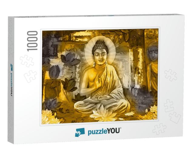 3D Illustration, Buddha Painting with Flowers Wallpaper... Jigsaw Puzzle with 1000 pieces