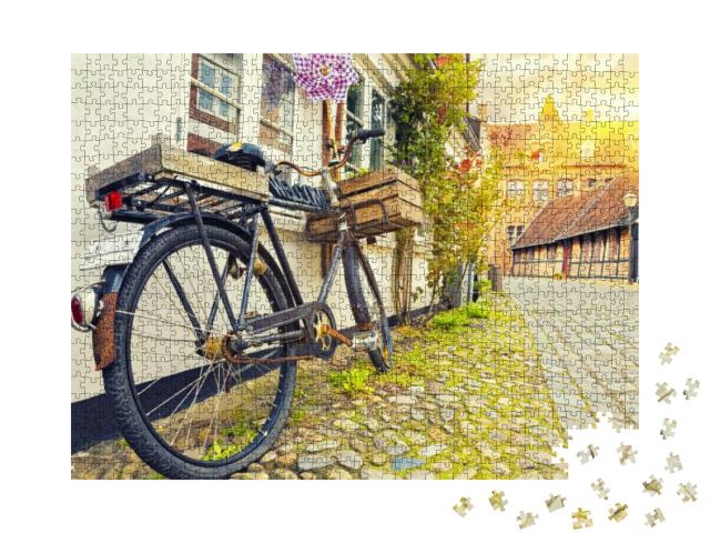Vintage Bicycle on House Wall At Sunset, Old Town Street... Jigsaw Puzzle with 1000 pieces