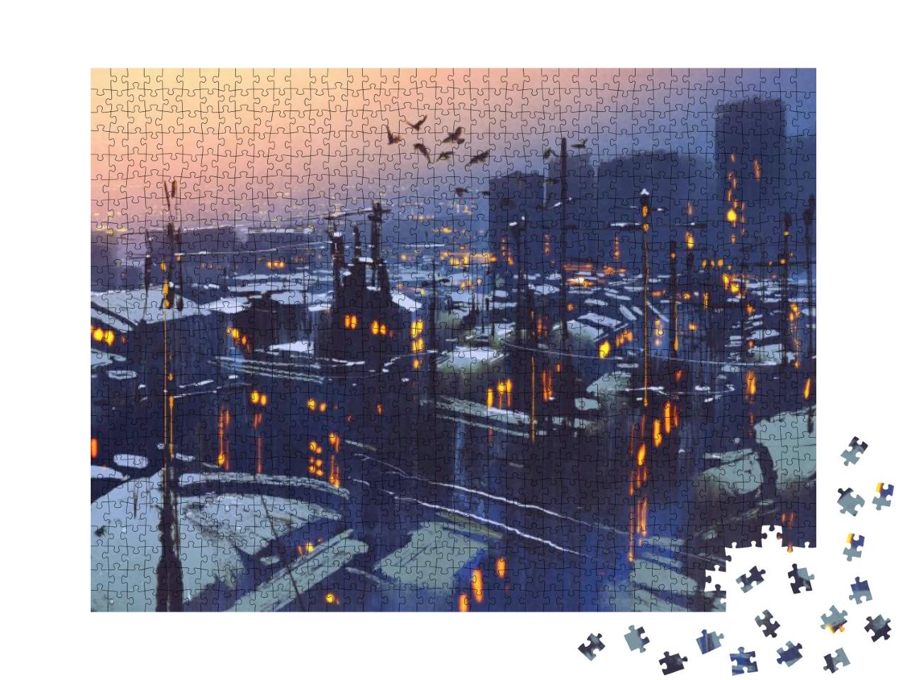 Painting of City Snowy Winter Scene, Rooftops Covered wit... Jigsaw Puzzle with 1000 pieces