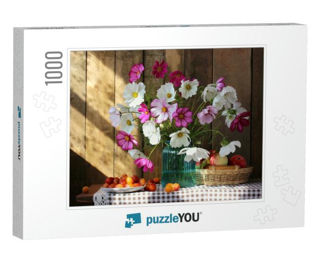 Sunny Still Life with Garden Flowers & Fruits. Bouquet in... Jigsaw Puzzle with 1000 pieces