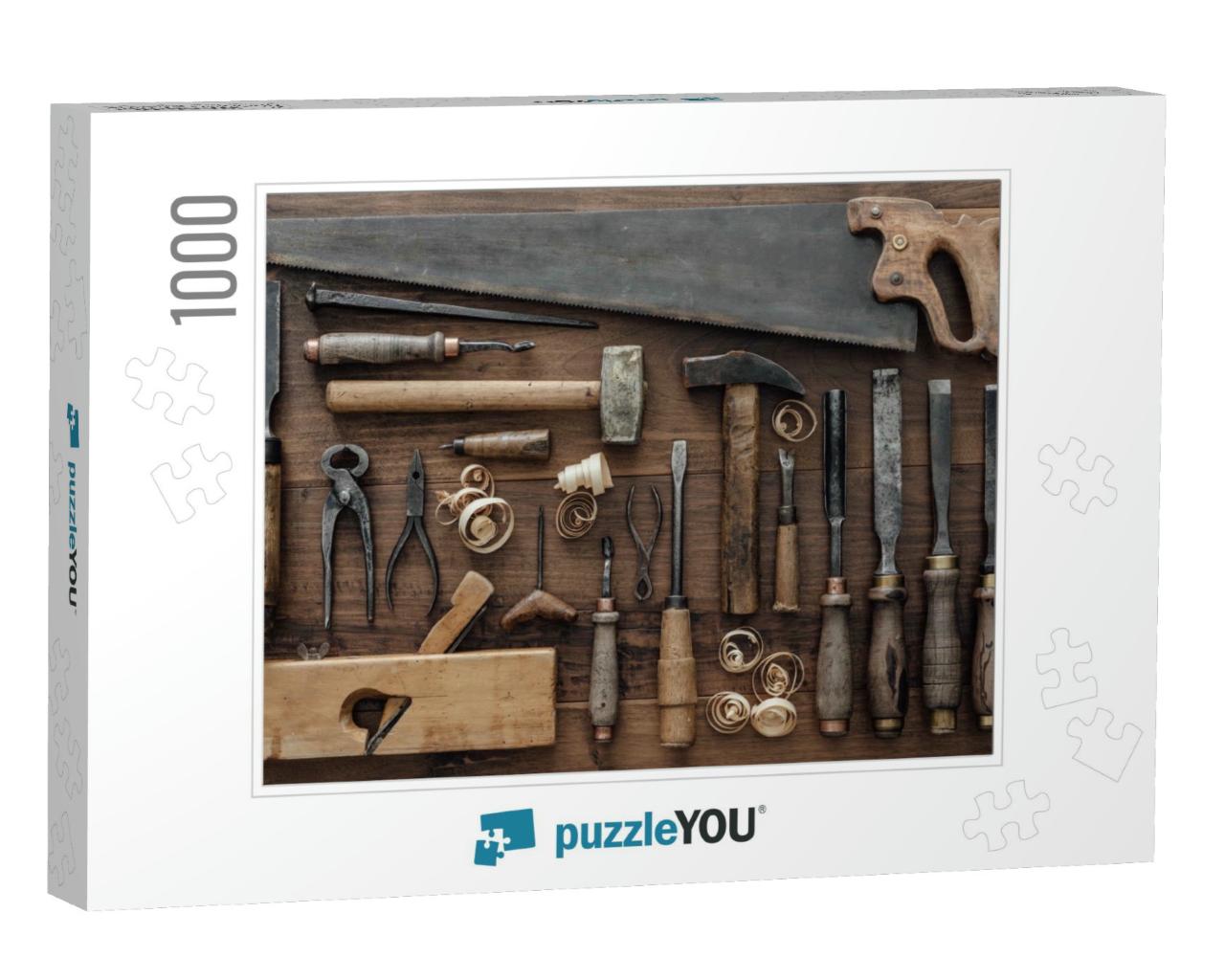 Collection of Vintage Carpentry Tools on an Old Workbench... Jigsaw Puzzle with 1000 pieces