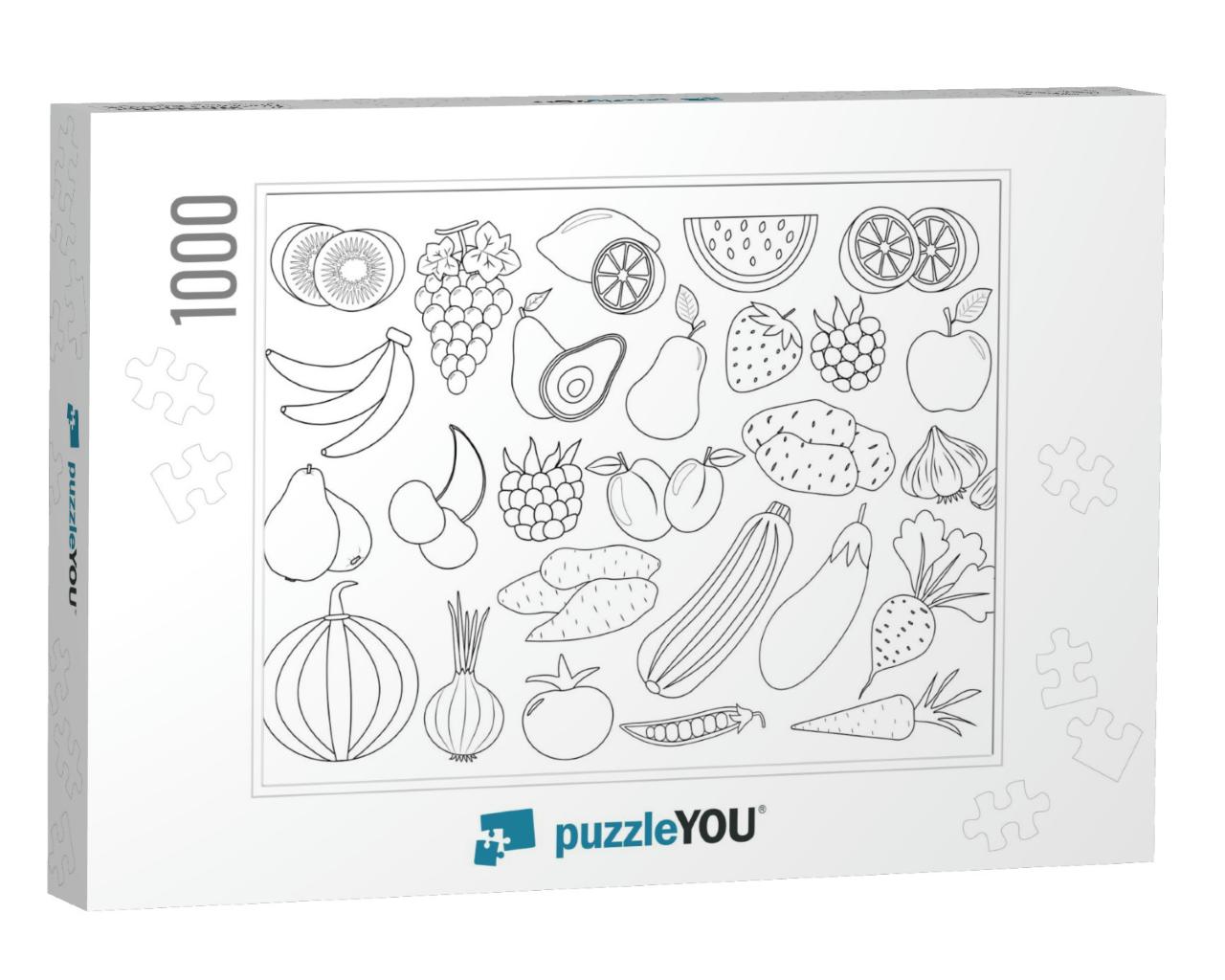Coloring Book Page. Fruits, Berries & Vegetables Cartoon... Jigsaw Puzzle with 1000 pieces