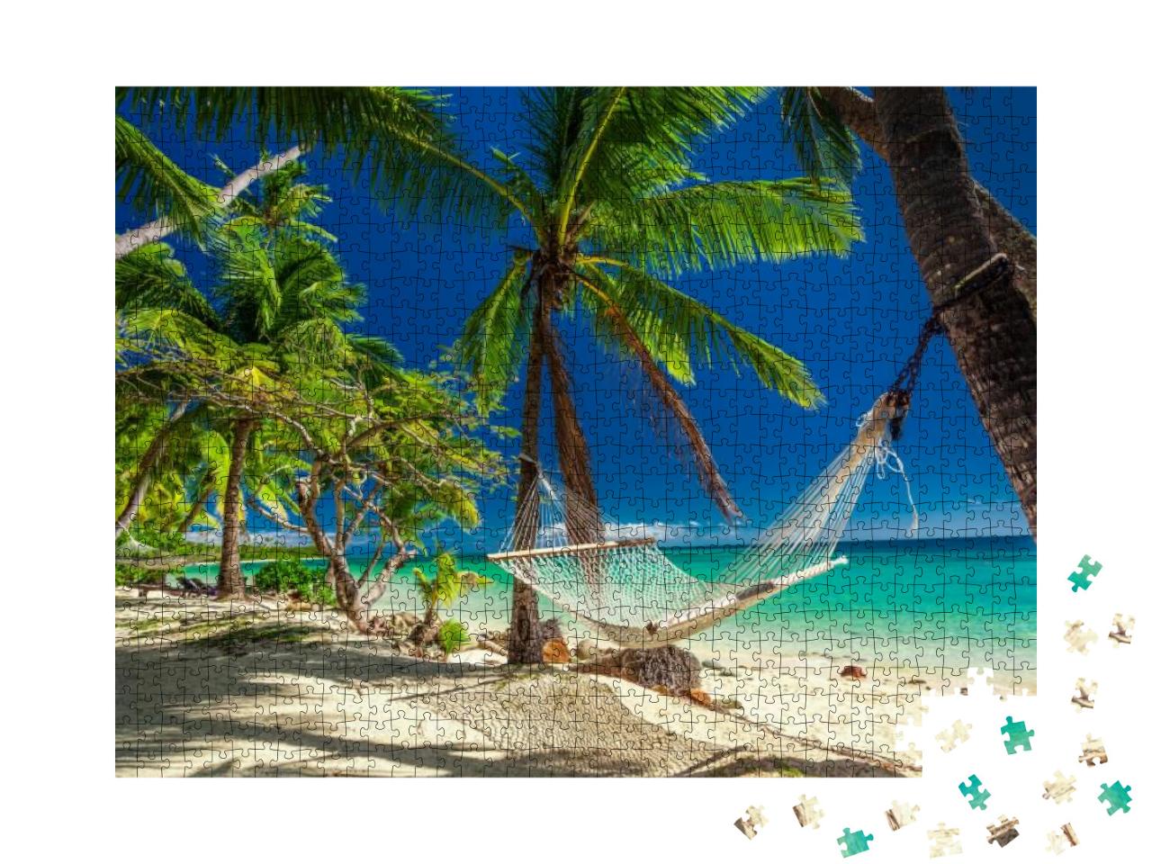 Empty Hammock in the Shade of Palm Trees on Tropical Fiji... Jigsaw Puzzle with 1000 pieces