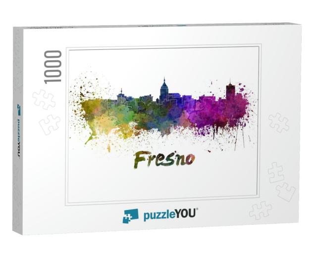 Fresno Skyline in Watercolor Splatters with Clipping Path... Jigsaw Puzzle with 1000 pieces