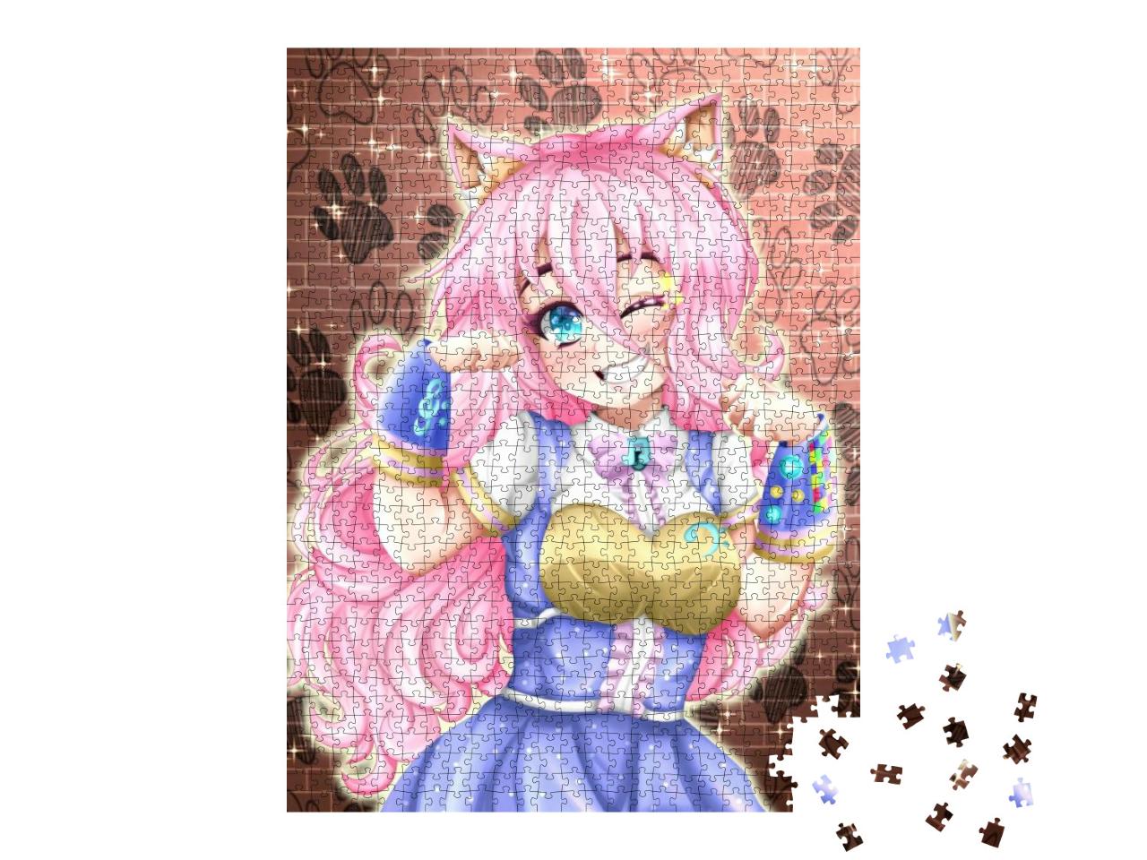 Happy Kawaii Anime Neko Girl of Pink Hair, Anime Illustra... Jigsaw Puzzle with 1000 pieces