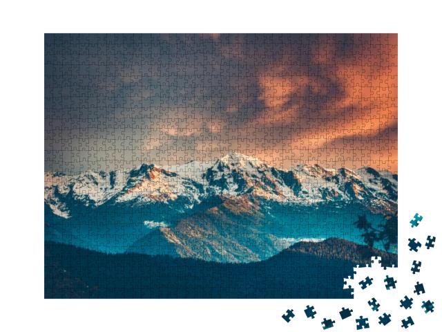 Beautiful Colorful Sunset Over the Snowy Mountain Range &... Jigsaw Puzzle with 1000 pieces