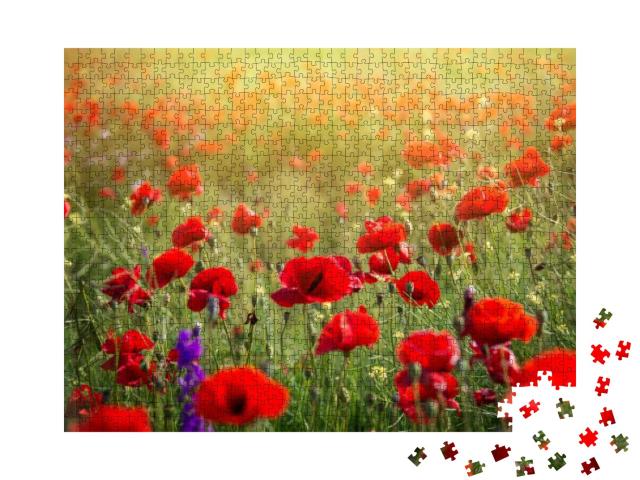 Vivid Poppy Field. Beautiful Red Poppy Flowers on Green F... Jigsaw Puzzle with 1000 pieces