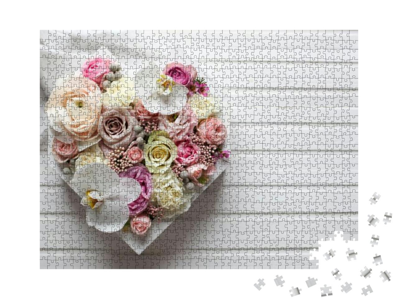 Big Flowers Heart in Pastel Colors & White Wood Backgroun... Jigsaw Puzzle with 1000 pieces