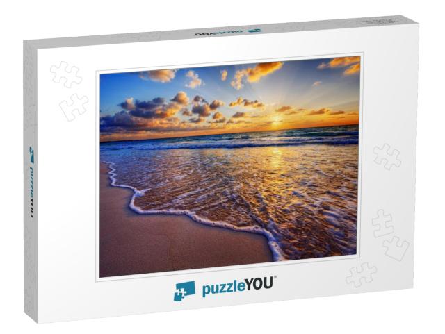 Colorful Ocean Beach Sunrise with Deep Blue Sky & Sun Ray... Jigsaw Puzzle