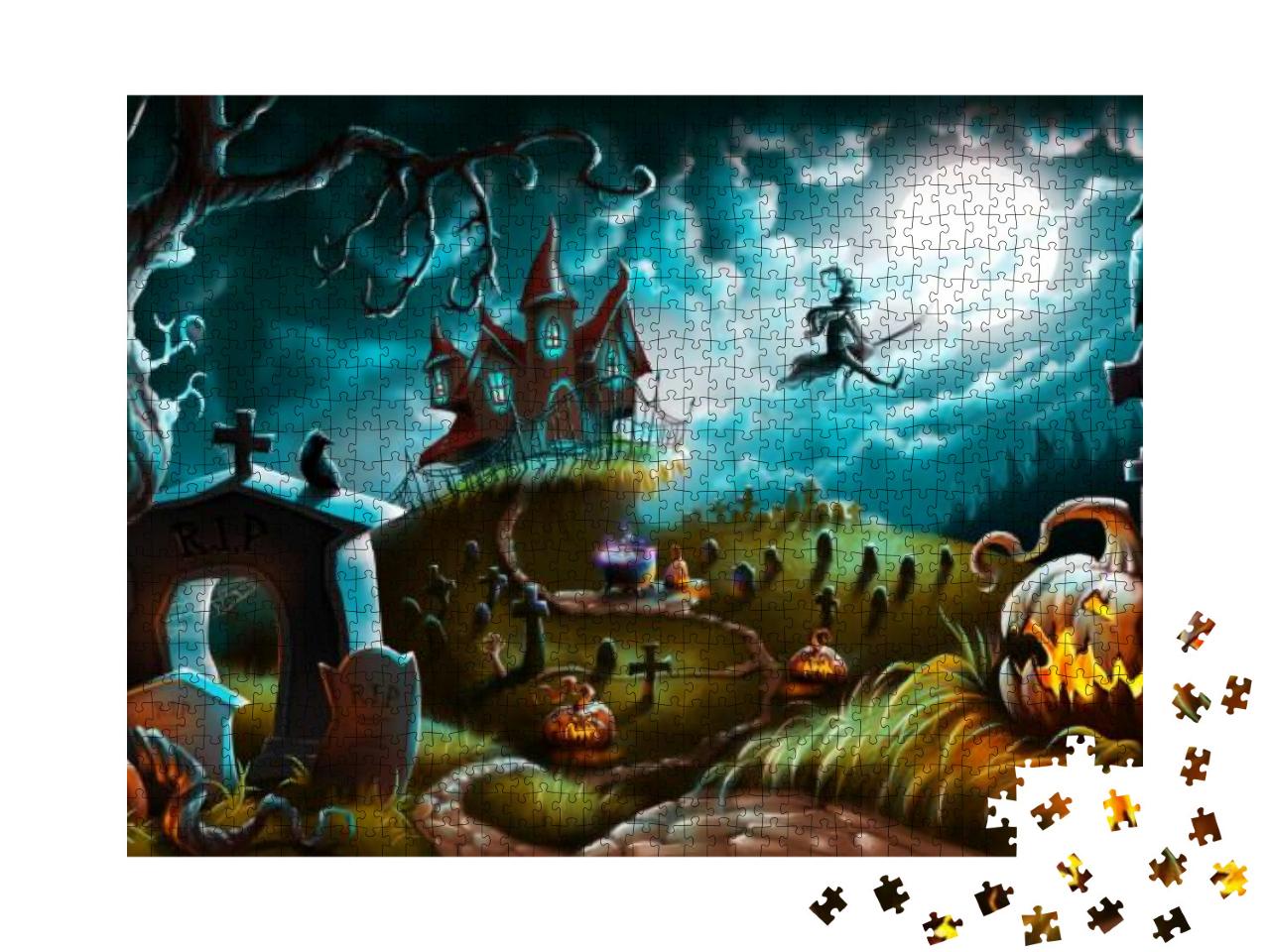Halloween Night Mystery Graveyard Illustration Background... Jigsaw Puzzle with 1000 pieces