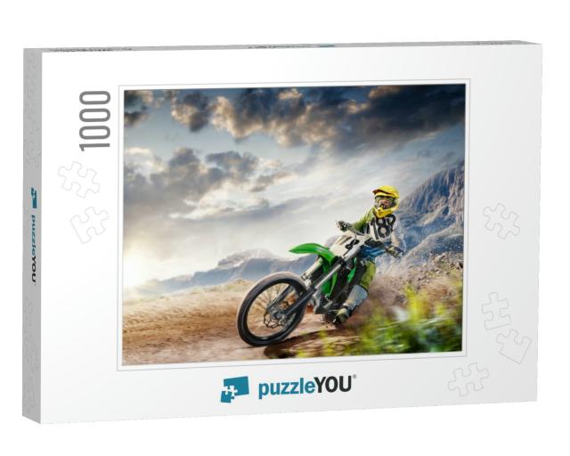 Professional Enduro Bike Rider on Action. Turn on Sand Te... Jigsaw Puzzle with 1000 pieces