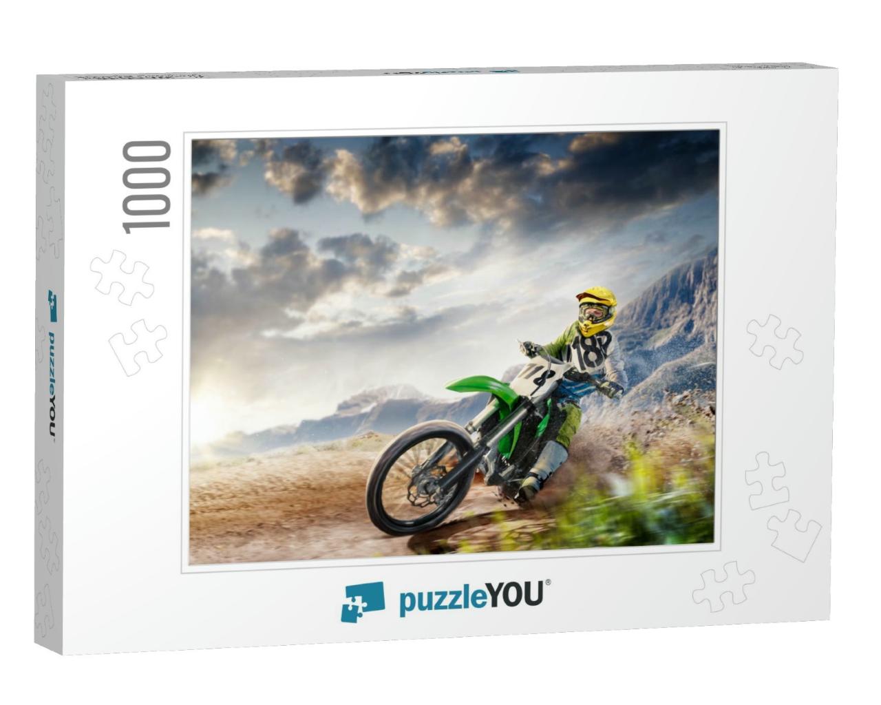 Professional Enduro Bike Rider on Action. Turn on Sand Te... Jigsaw Puzzle with 1000 pieces
