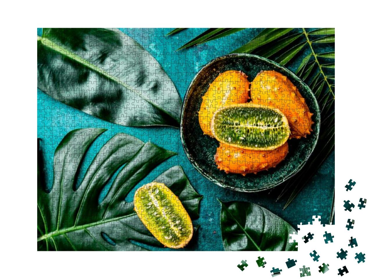 Tropical Fruit Kiwano Passion Fruit in Green Bowl on Turq... Jigsaw Puzzle with 1000 pieces