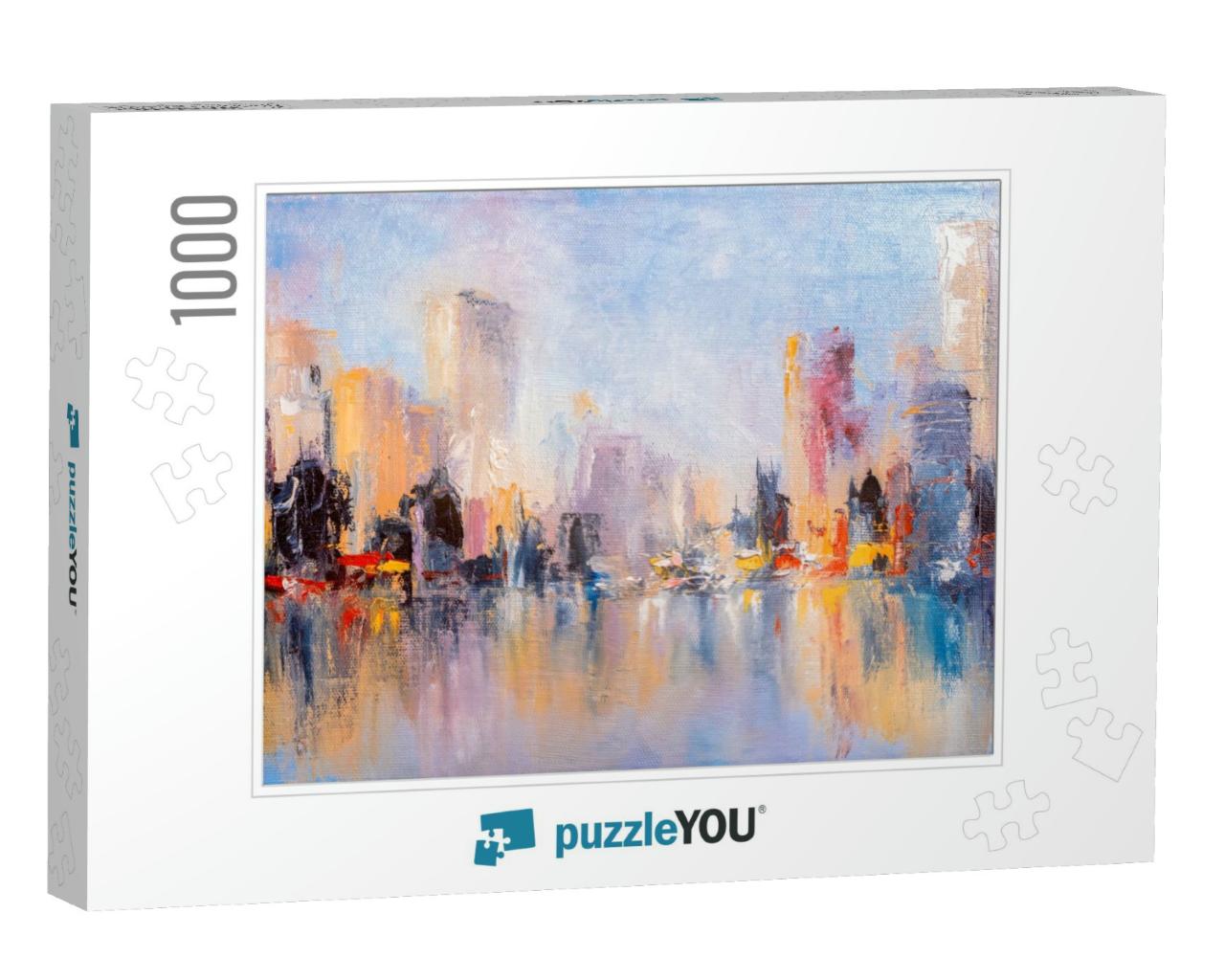 Skyline City View with Reflections on Water. Original Oil... Jigsaw Puzzle with 1000 pieces