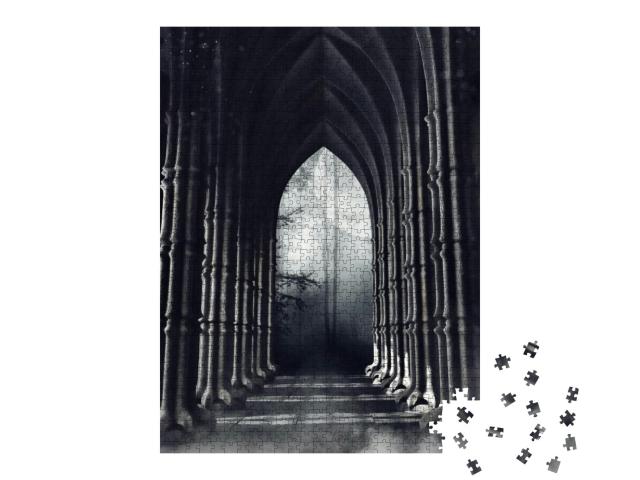Dark Gothic Corridor with Columns Leading to a Forest At... Jigsaw Puzzle with 1000 pieces