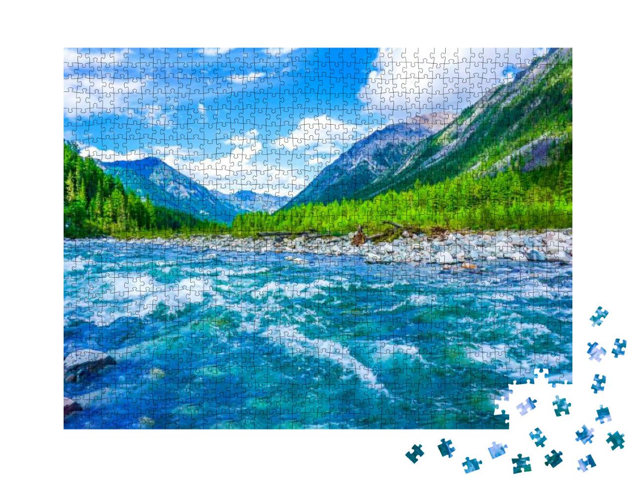 Mountain Blue River Stream Water Landscape in Rocky Natur... Jigsaw Puzzle with 1000 pieces