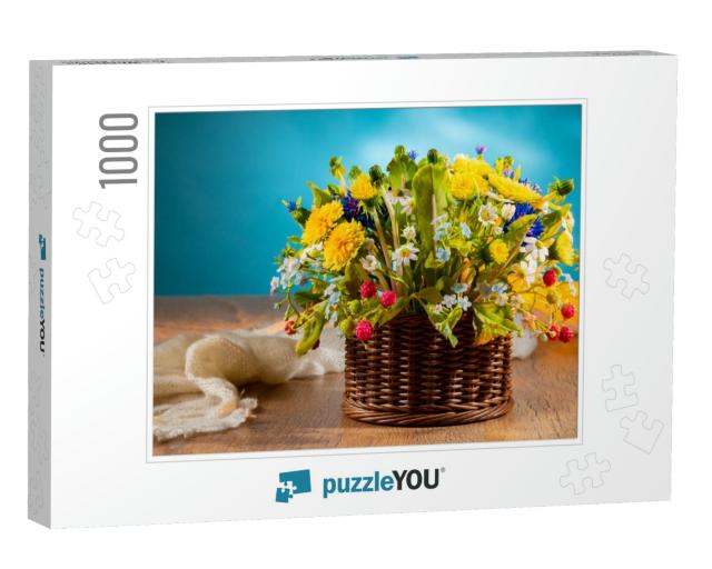 Basket of Wild Flowers on a Blue Background. Bright Flora... Jigsaw Puzzle with 1000 pieces