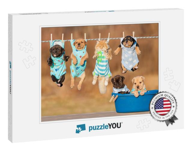Funny Group of American Staffordshire Terrier Puppies wit... Jigsaw Puzzle
