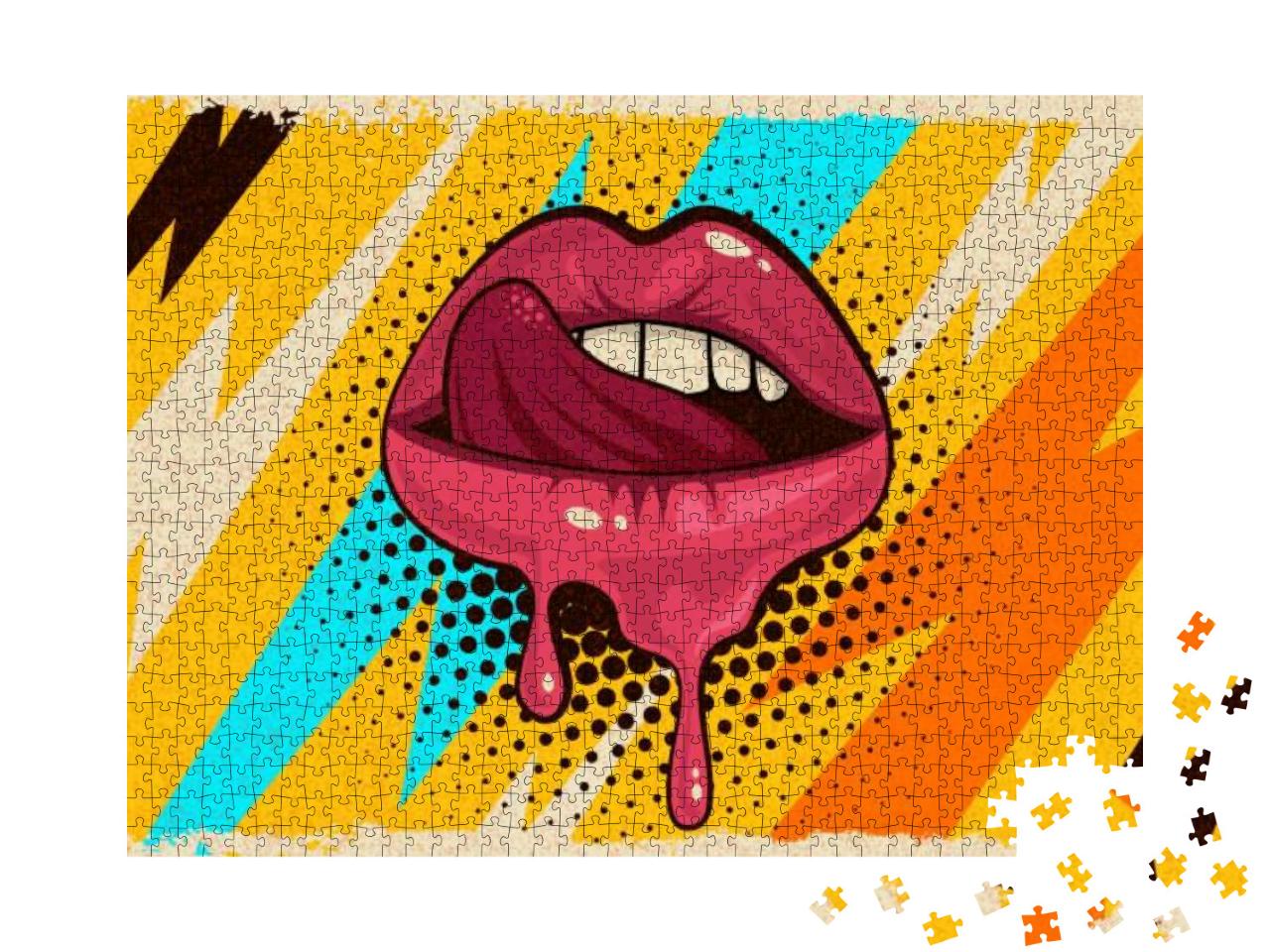 Pink, Red Lips, Mouth & Tongue Icon on Pop Art Retro Vint... Jigsaw Puzzle with 1000 pieces