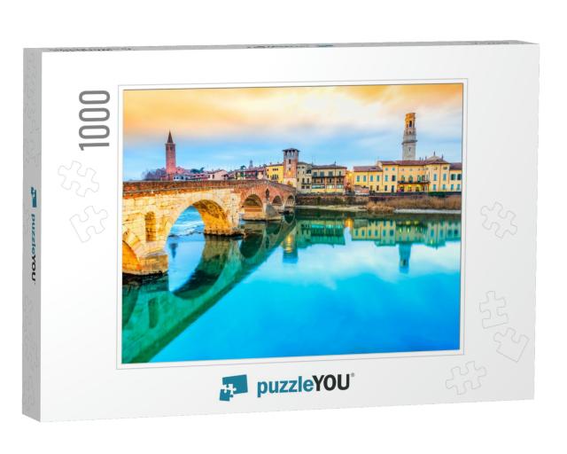 Verona, Italy. Scenery with Adige River & Ponte Di Pietra... Jigsaw Puzzle with 1000 pieces