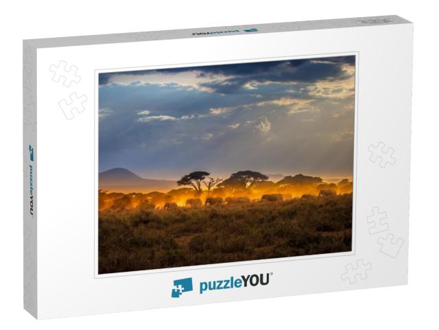 Migration of Elephants. Herd of Elephants. Evening in the... Jigsaw Puzzle