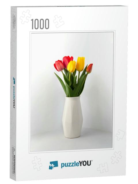Bouquet of Red & Yellow Tulips Stands in a White Vase on... Jigsaw Puzzle with 1000 pieces