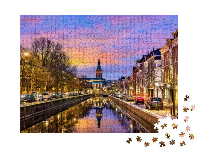 Traditional Houses Beside a Canal in the Hague At Sunset... Jigsaw Puzzle with 1000 pieces