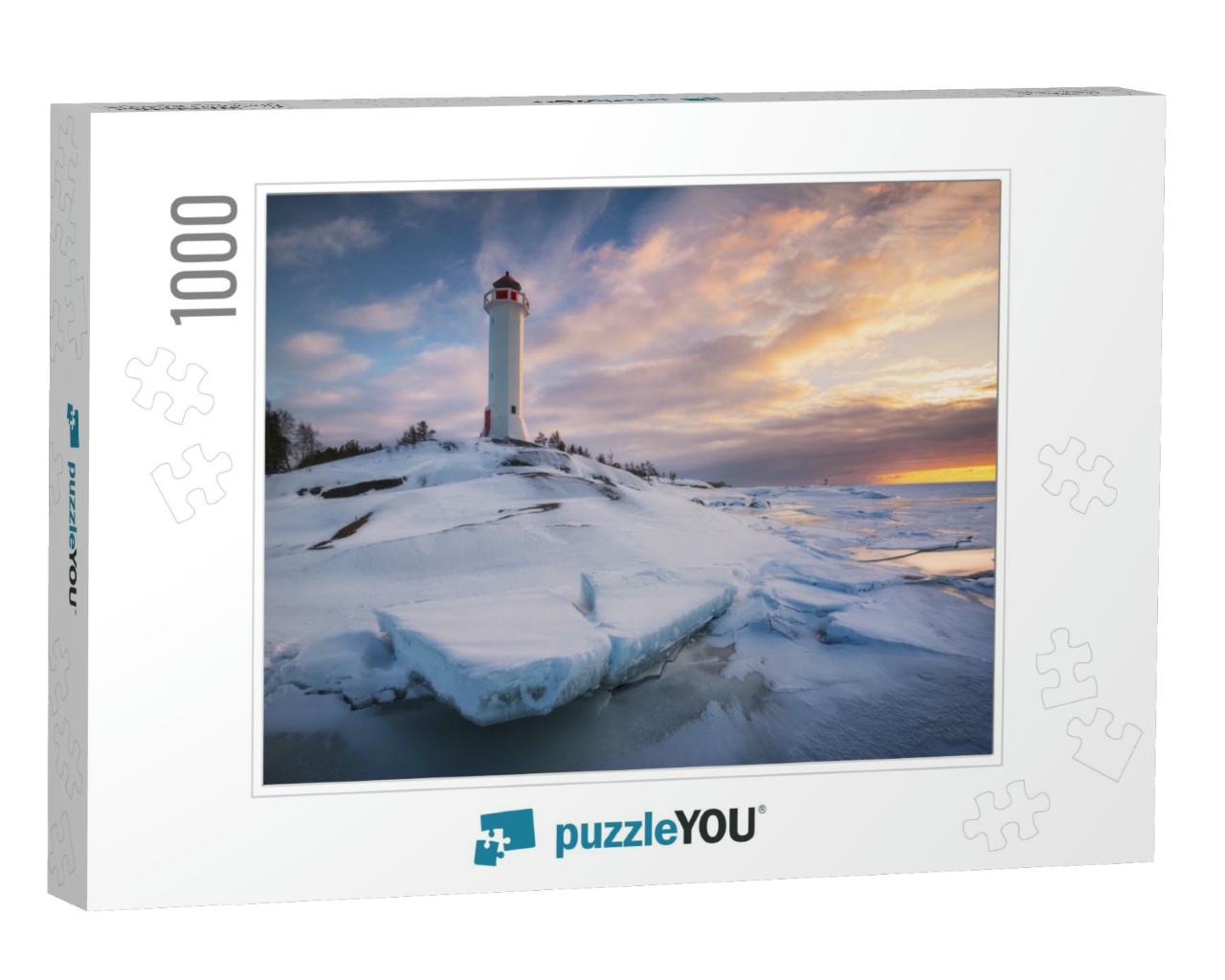 Graceful White Lighthouse Staying on the Rocky Coast Cove... Jigsaw Puzzle with 1000 pieces