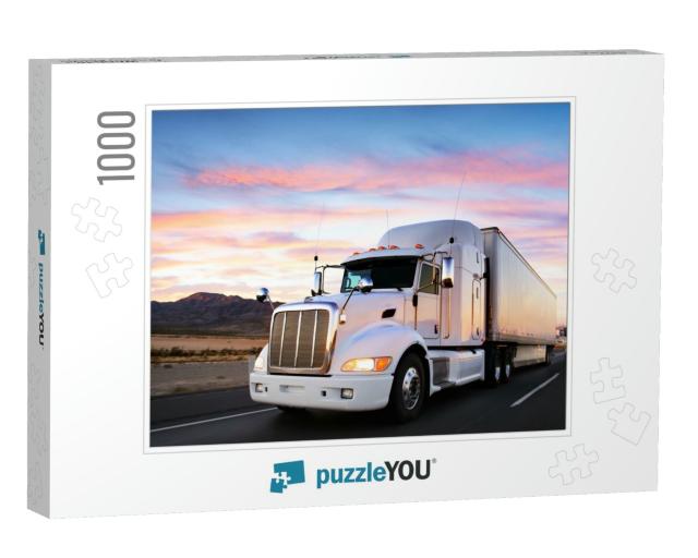 Truck & Highway At Sunset - Transportation Background... Jigsaw Puzzle with 1000 pieces