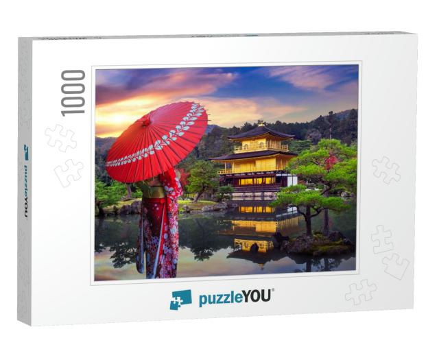 Asian Woman Wearing Japanese Traditional Kimono At Golden... Jigsaw Puzzle with 1000 pieces