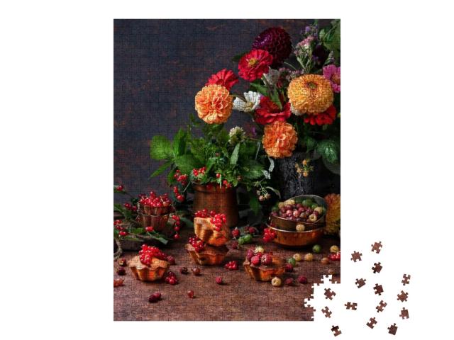 Autumn Flowers & Berries on Dark Background. Chrysanthemu... Jigsaw Puzzle with 1000 pieces
