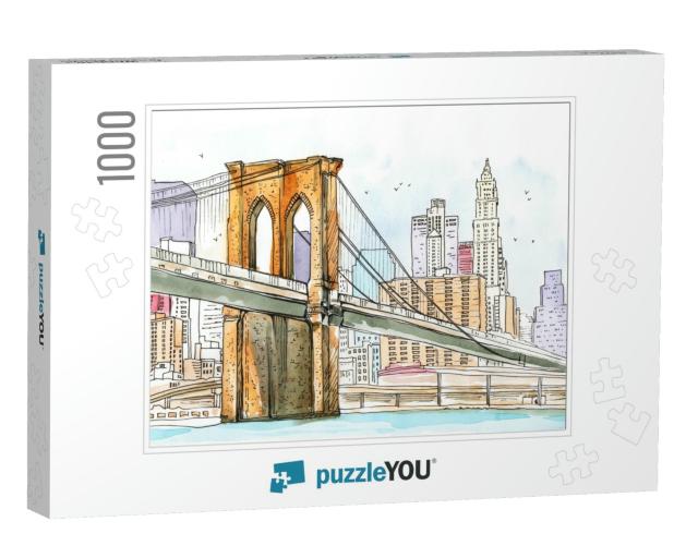 Brooklyn Bridge in New York, Watercolor Sketch Hand Drawi... Jigsaw Puzzle with 1000 pieces