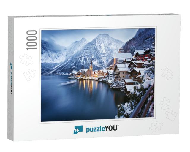 Winter View of Hallstatt, Traditional Austrian Wood Villa... Jigsaw Puzzle with 1000 pieces