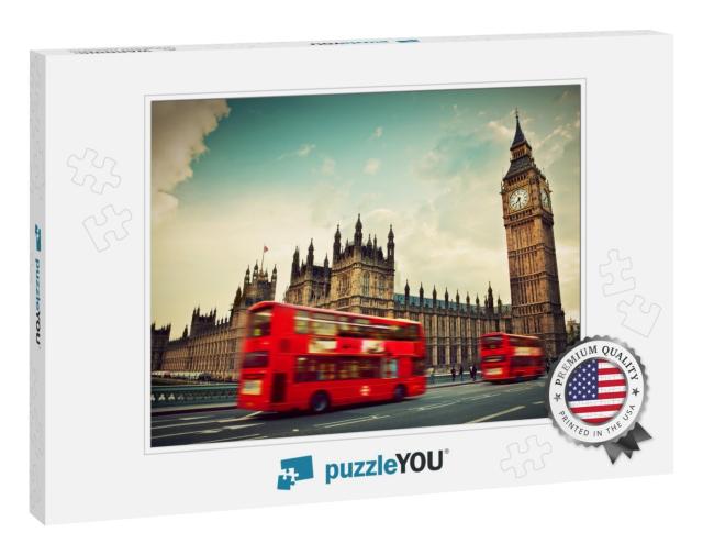 London, the Uk. Red Bus in Motion & Big Ben, the Palace o... Jigsaw Puzzle