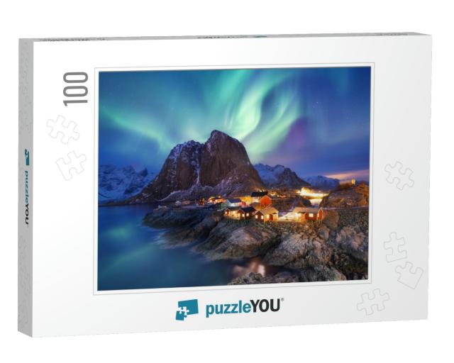 Aurora Borealis on the Lofoten Islands, Norway. Green Nor... Jigsaw Puzzle with 100 pieces