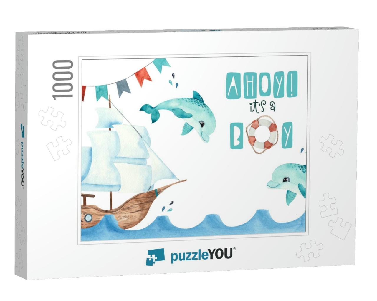 Watercolor Nautical Baby Shower Card with Sailboat... Jigsaw Puzzle with 1000 pieces